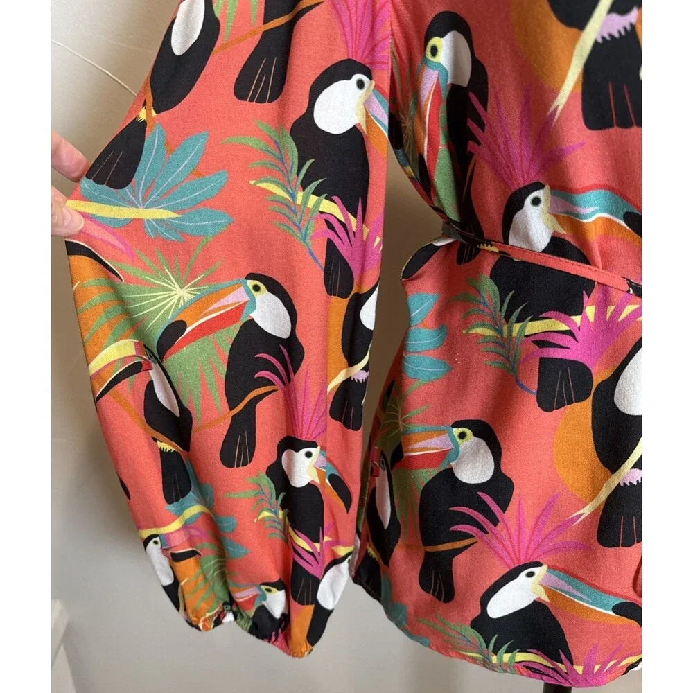 Farm Rio for Anthropologie Rainforest Toucan Wrap Blouse Size XS Beaded Tassel